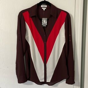 💰Express NWT Semi Sheer Chevron Pattern Red/White/Burgundy Button Down Small